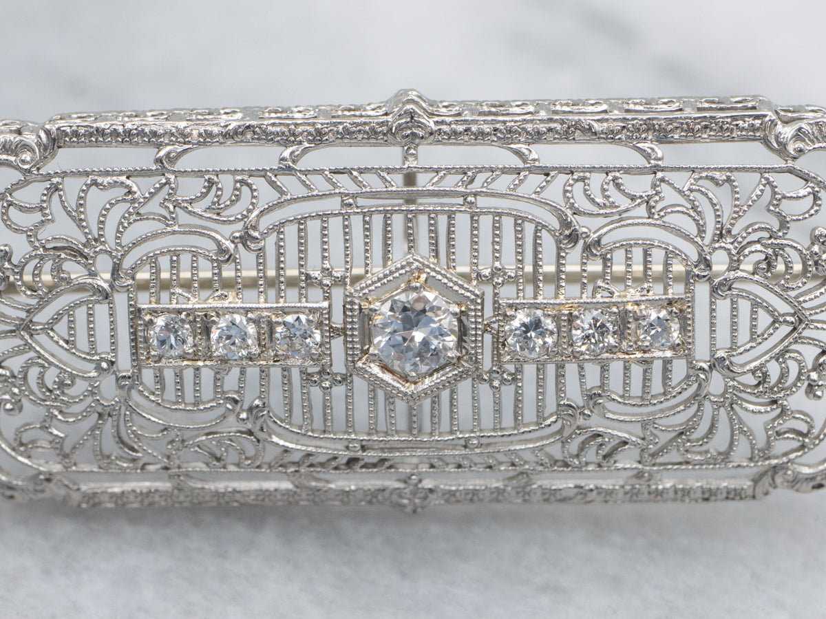 Diamond Filigree White Gold Art Deco Era Pin