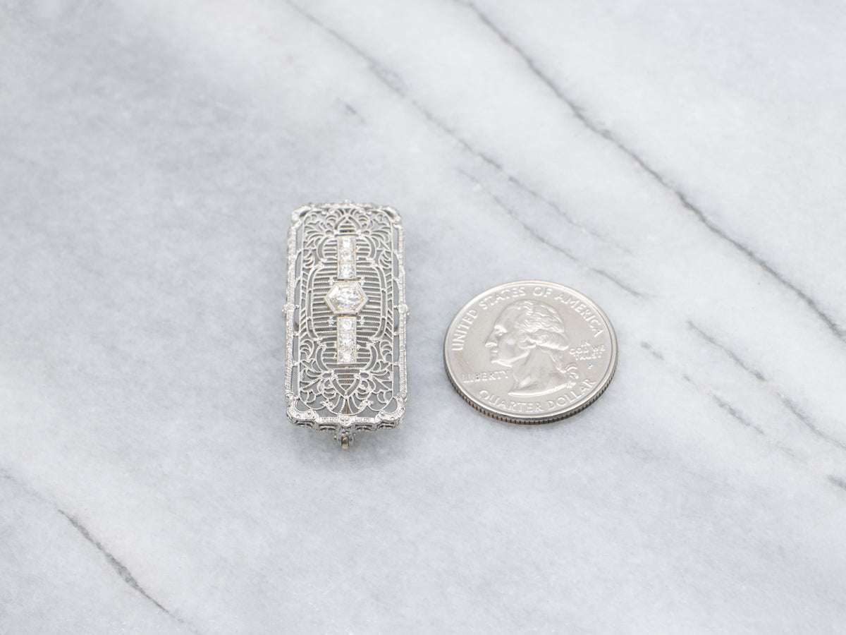 Diamond Filigree White Gold Art Deco Era Pin