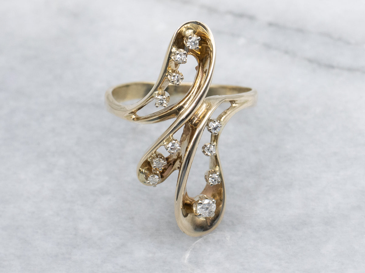 Modernist Looping Gold and Diamond Bypass Ring