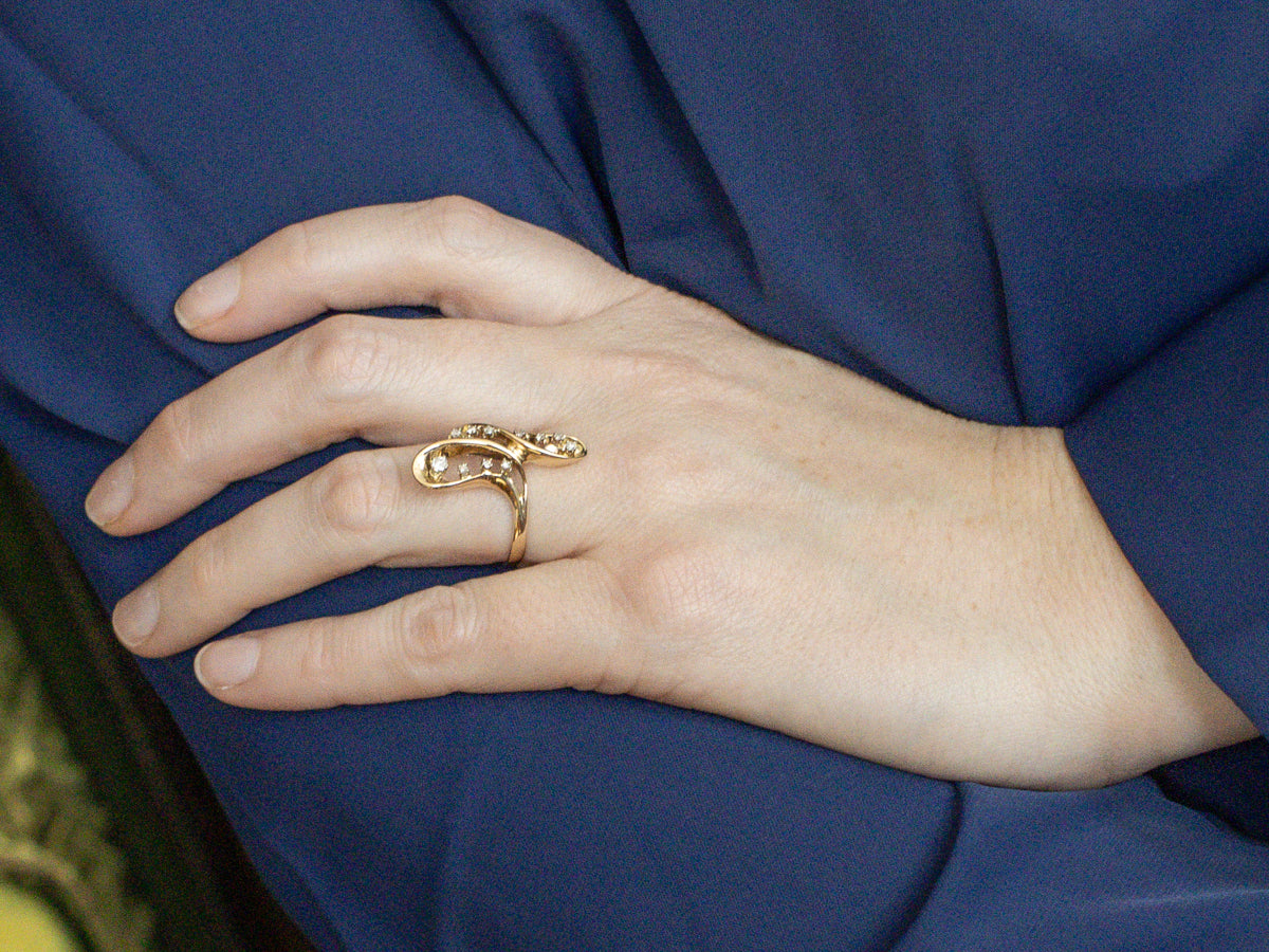 Modernist Looping Gold and Diamond Bypass Ring