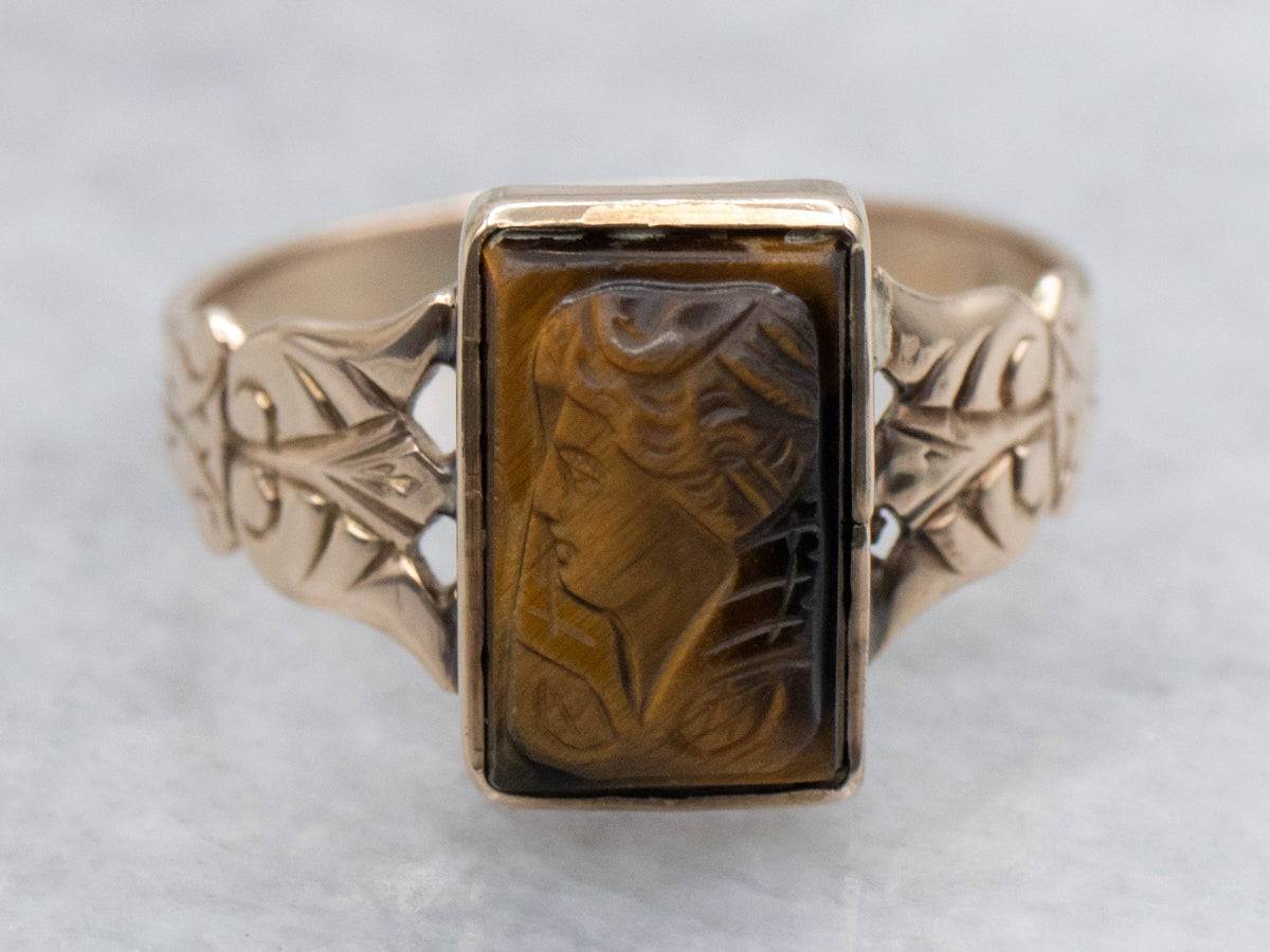 Victorian Era Tiger's Eye Cameo Engraved Rose Gold Ring