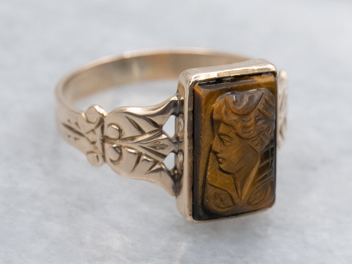 Victorian Era Tiger's Eye Cameo Engraved Rose Gold Ring