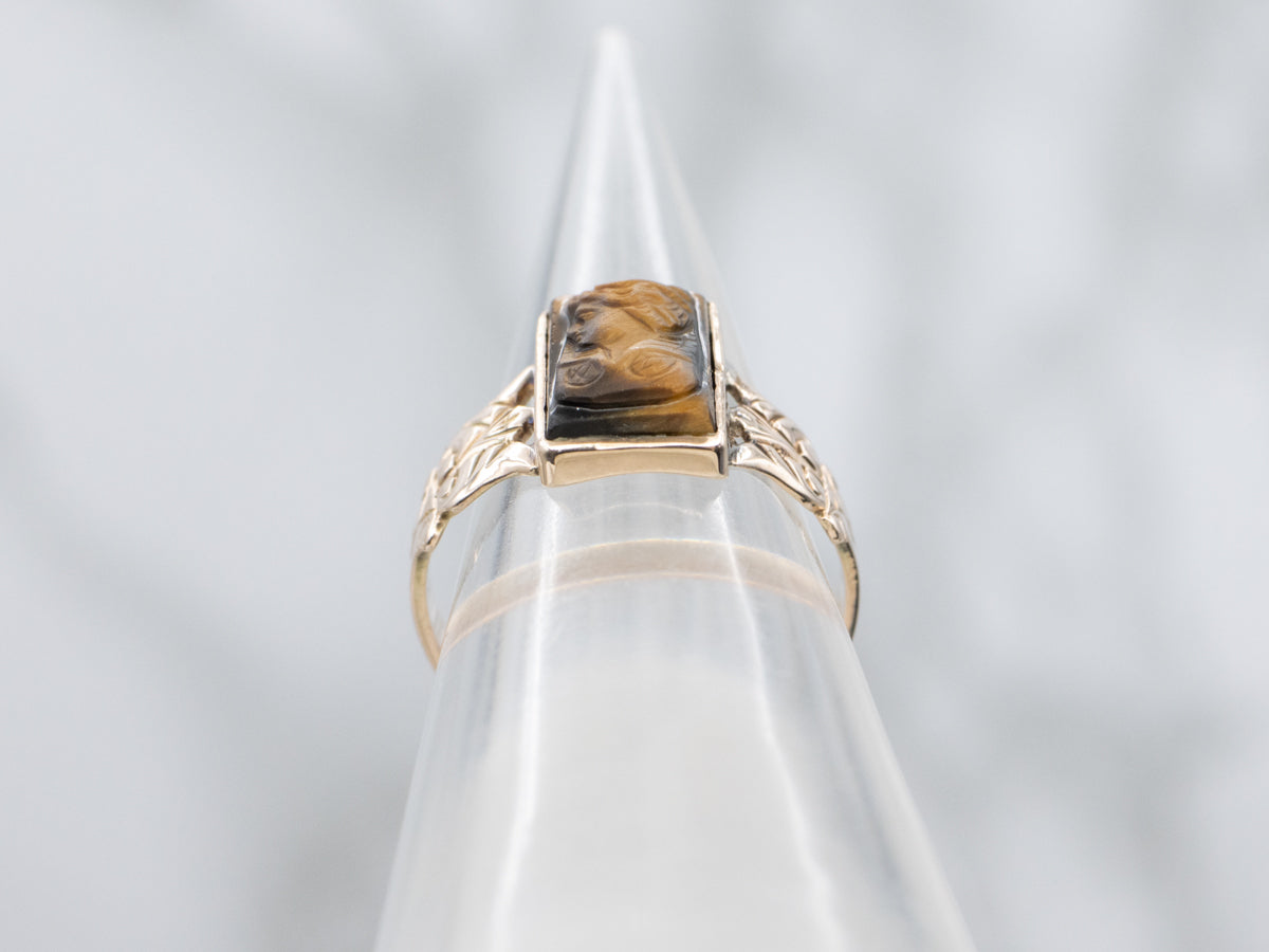 Victorian Era Tiger's Eye Cameo Engraved Rose Gold Ring