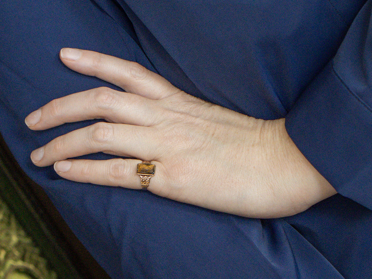 Victorian Era Tiger's Eye Cameo Engraved Rose Gold Ring