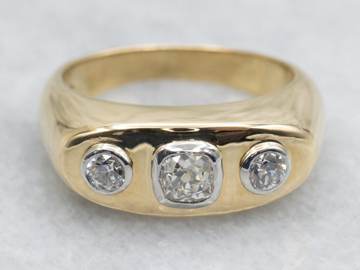 Vintage Three-Stone Old Mine Cut Diamond Unisex Ring