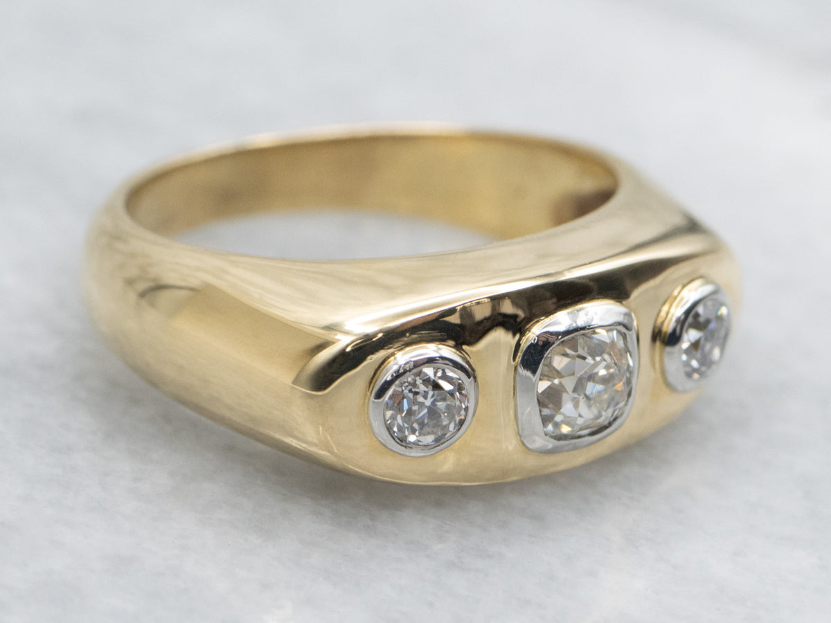Vintage Three-Stone Old Mine Cut Diamond Unisex Ring