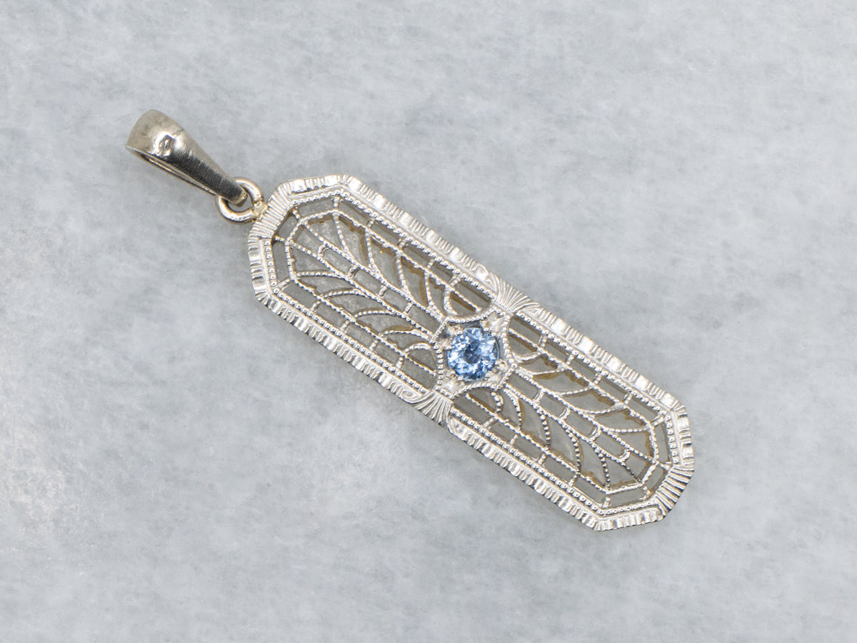 Art Deco Era Blue Sapphire Gold Filigree Pendant
