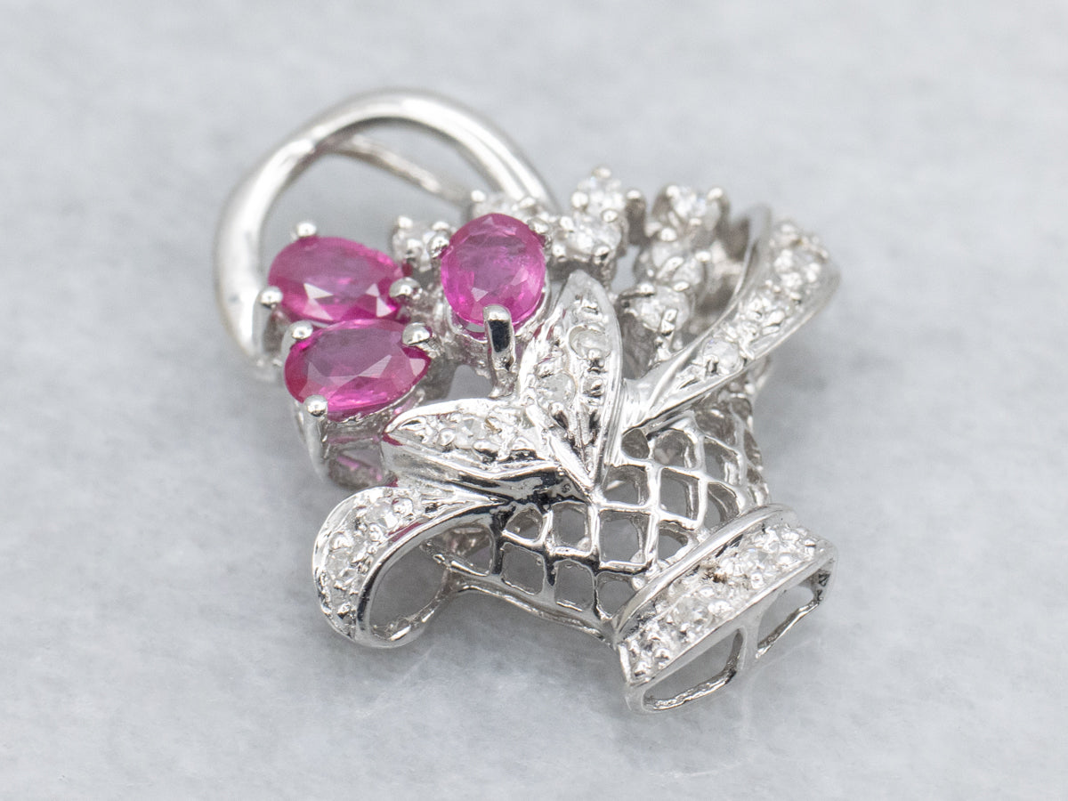 Ruby and Diamond White Gold Flower Bouquet Basket Pendant