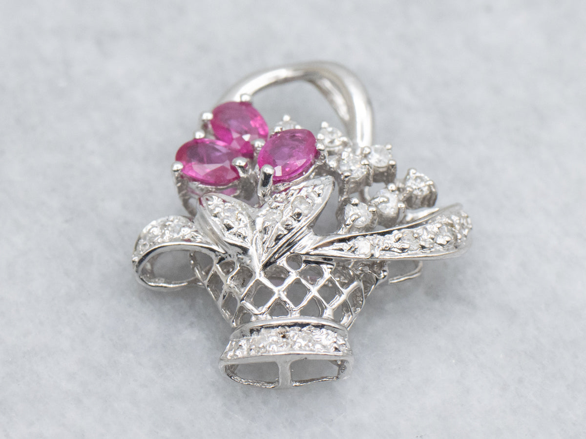 Ruby and Diamond White Gold Flower Bouquet Basket Pendant