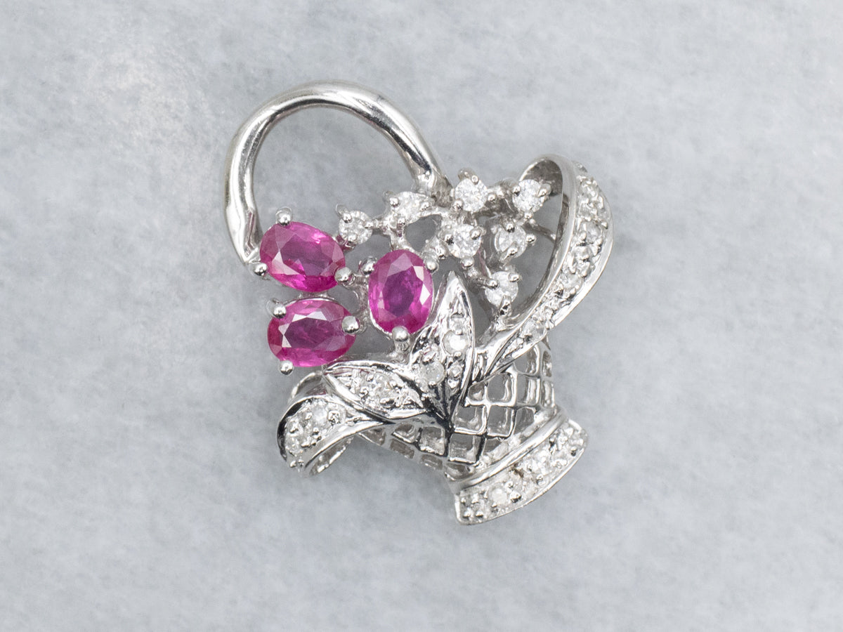 Ruby and Diamond White Gold Flower Bouquet Basket Pendant