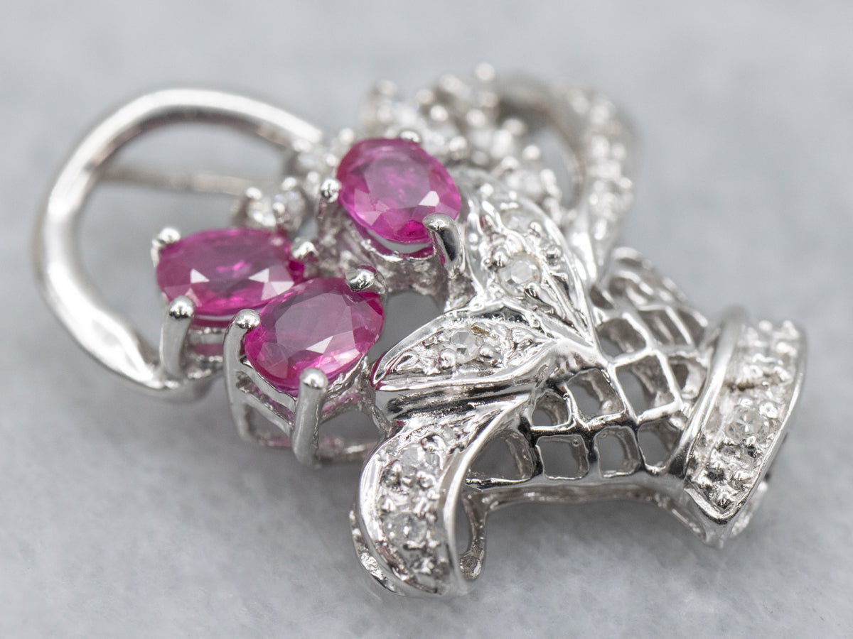 Ruby and Diamond White Gold Flower Bouquet Basket Pendant