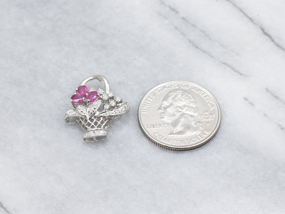 Ruby and Diamond White Gold Flower Bouquet Basket Pendant