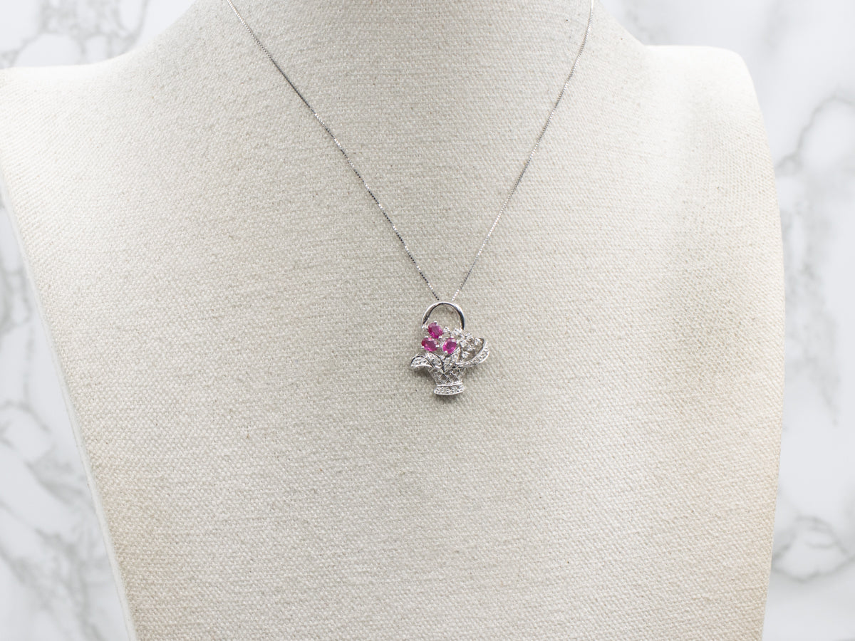 Ruby and Diamond White Gold Flower Bouquet Basket Pendant
