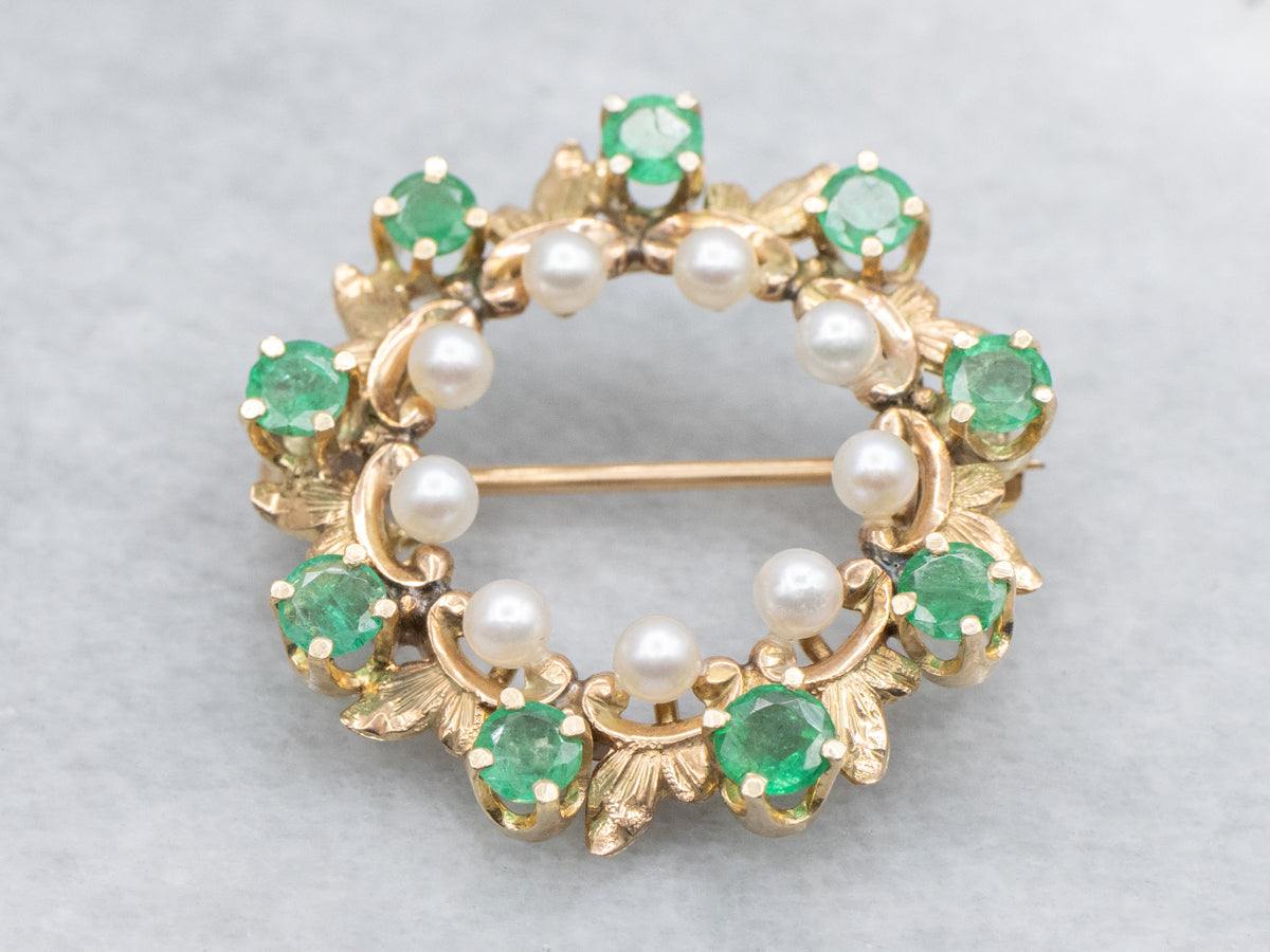 Vintage Gold Emerald and Pearl Botanical Circle Pin