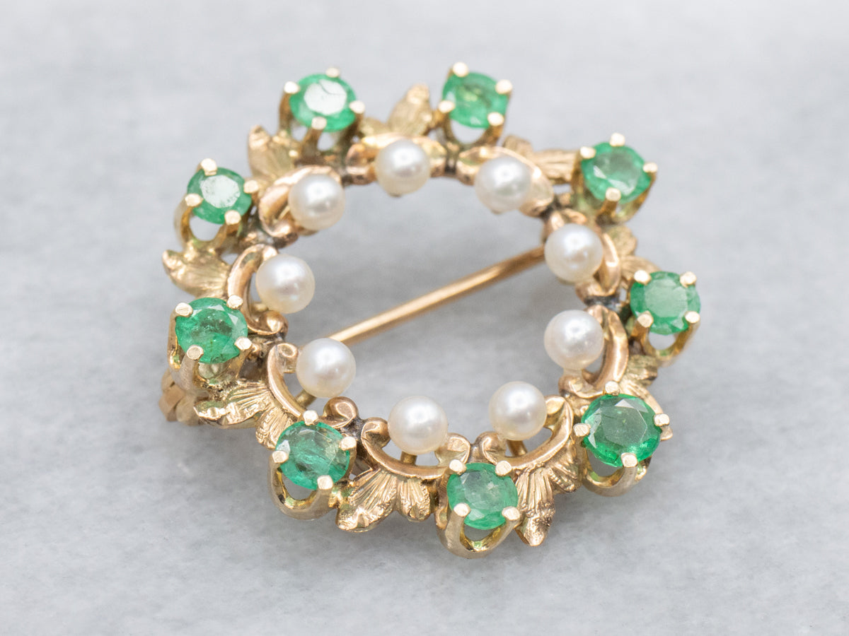 Vintage Gold Emerald and Pearl Botanical Circle Pin