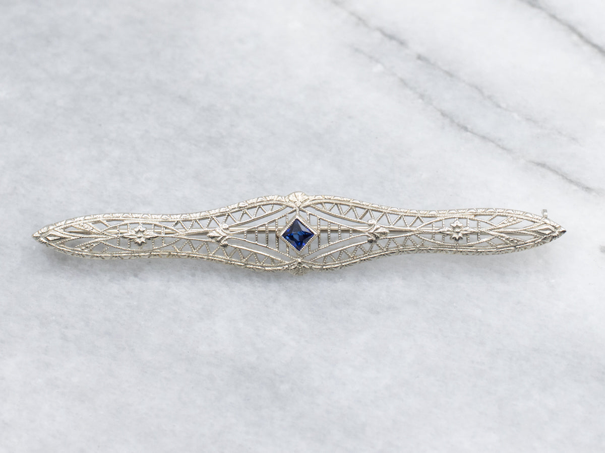 Antique Synthetic Sapphire Gold Filigree 1920s Bar Pin