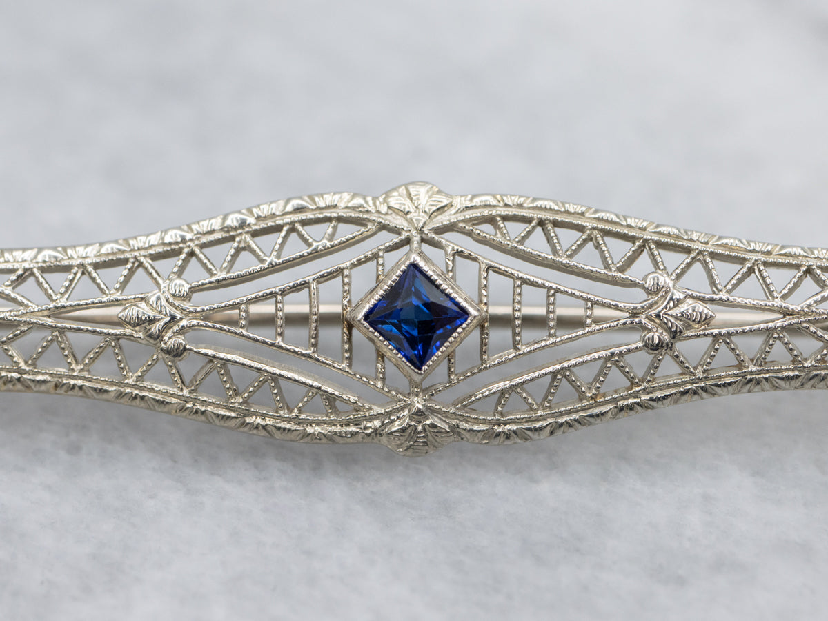 Antique Synthetic Sapphire Gold Filigree 1920s Bar Pin