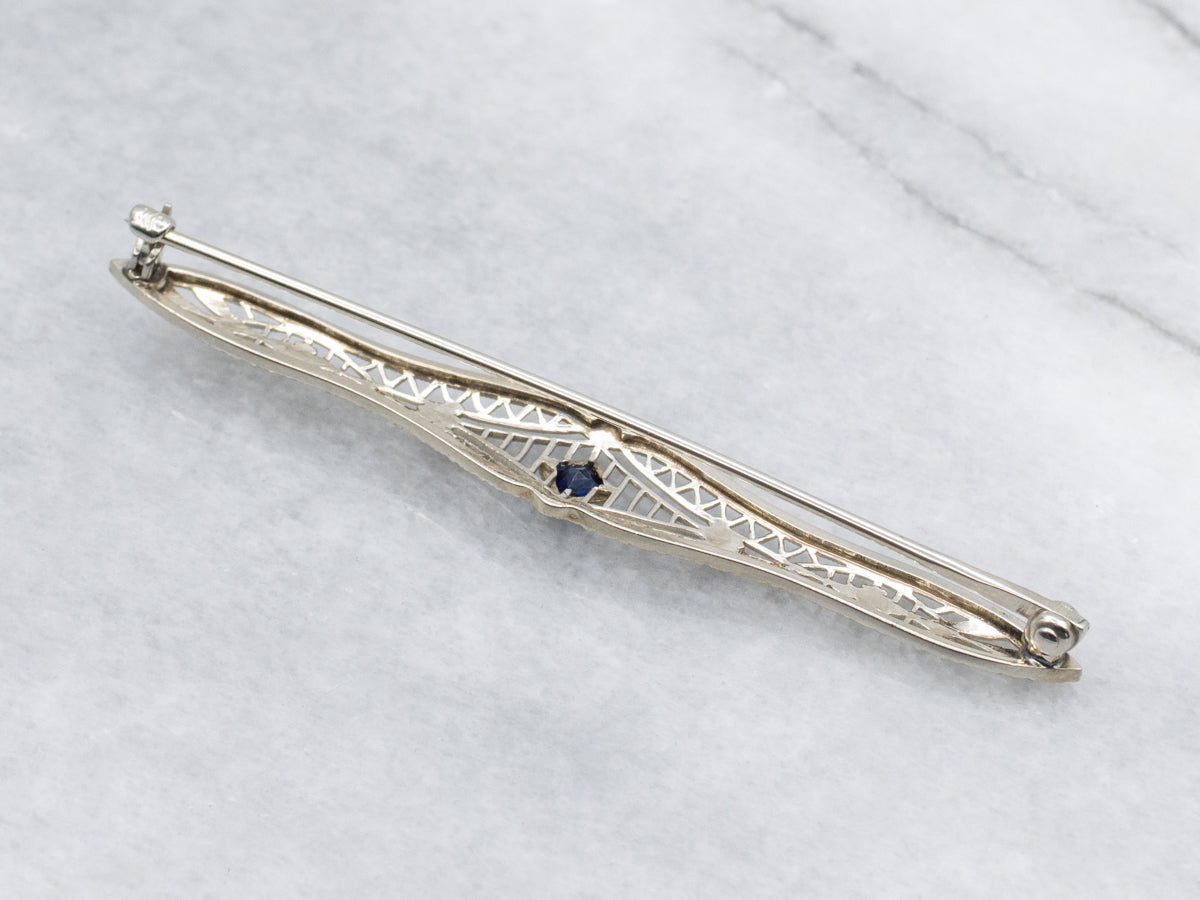 Antique Synthetic Sapphire Gold Filigree 1920s Bar Pin