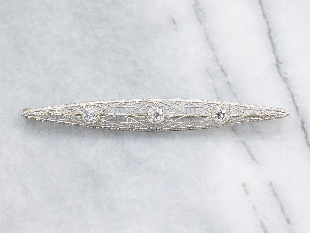 Antique Old Mine Cut Diamond Gold Filigree Bar Pin