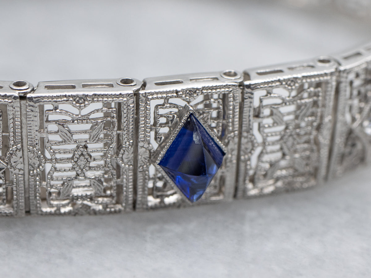 Circa 1920s Diamond and Synthetic Sapphire Gold Filigree Panel Bracelet