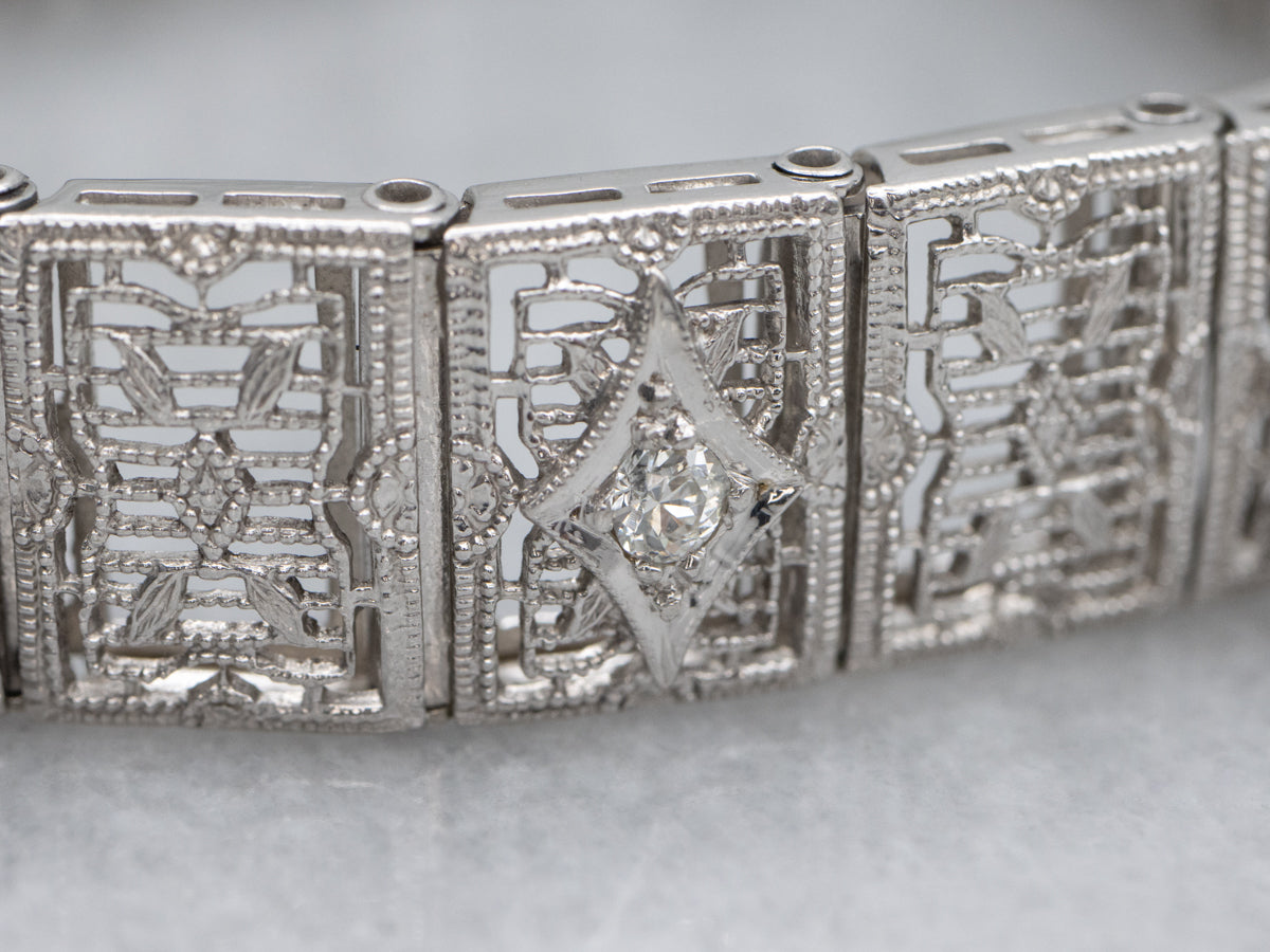 Circa 1920s Diamond and Synthetic Sapphire Gold Filigree Panel Bracelet