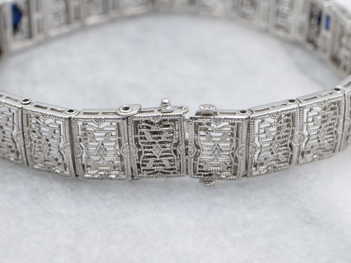 Circa 1920s Diamond and Synthetic Sapphire Gold Filigree Panel Bracelet