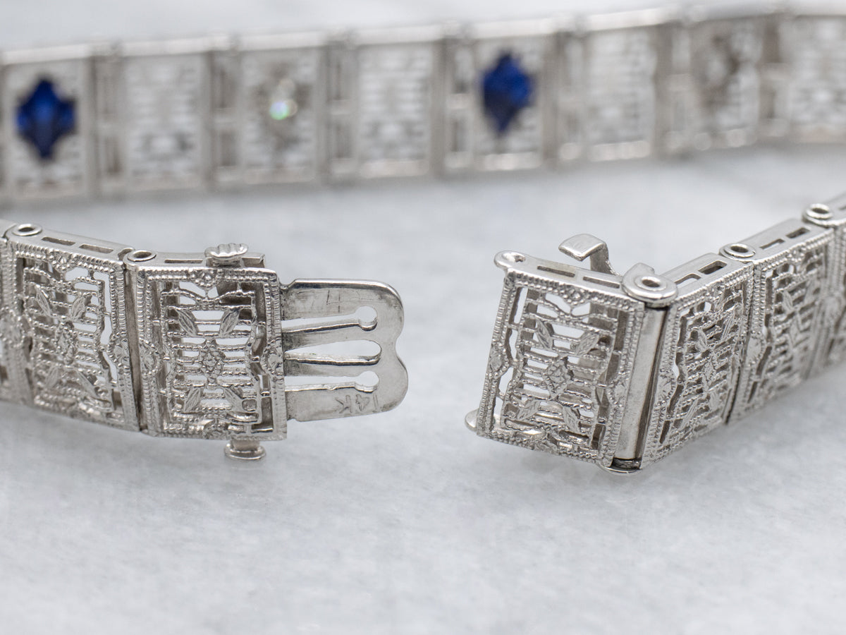 Circa 1920s Diamond and Synthetic Sapphire Gold Filigree Panel Bracelet