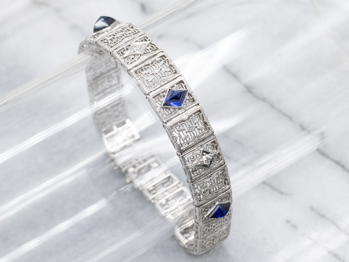 Circa 1920s Diamond and Synthetic Sapphire Gold Filigree Panel Bracelet