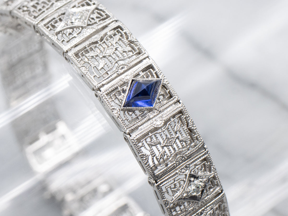 Circa 1920s Diamond and Synthetic Sapphire Gold Filigree Panel Bracelet