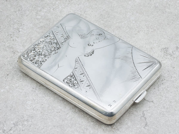 Antique Sterling Silver Engraved Cigarette Case Featuring Female Figure and  Heart