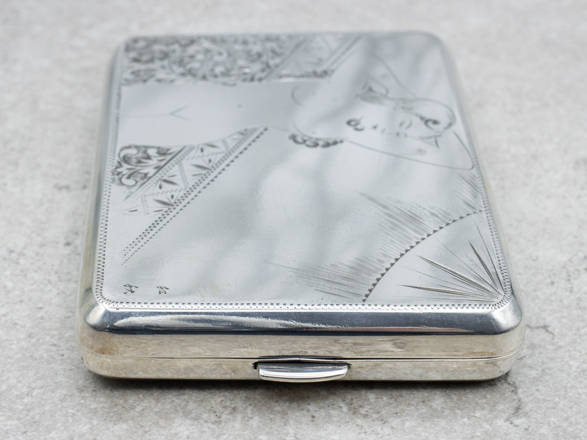 Antique Sterling Silver Engraved Cigarette Case Featuring Female Figure and Heart