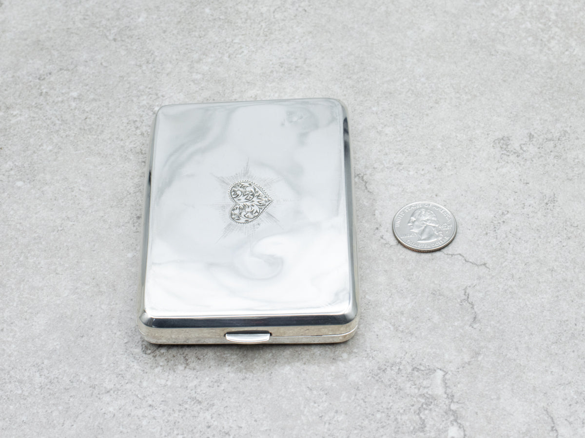 Antique Sterling Silver Engraved Cigarette Case Featuring Female Figure and Heart