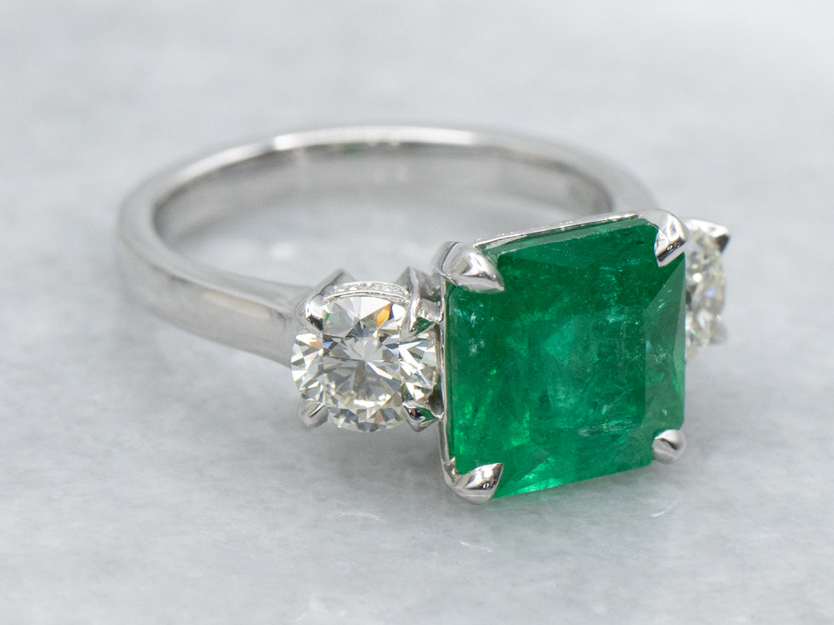 Modern Emerald and Diamond White Gold Engagement Ring
