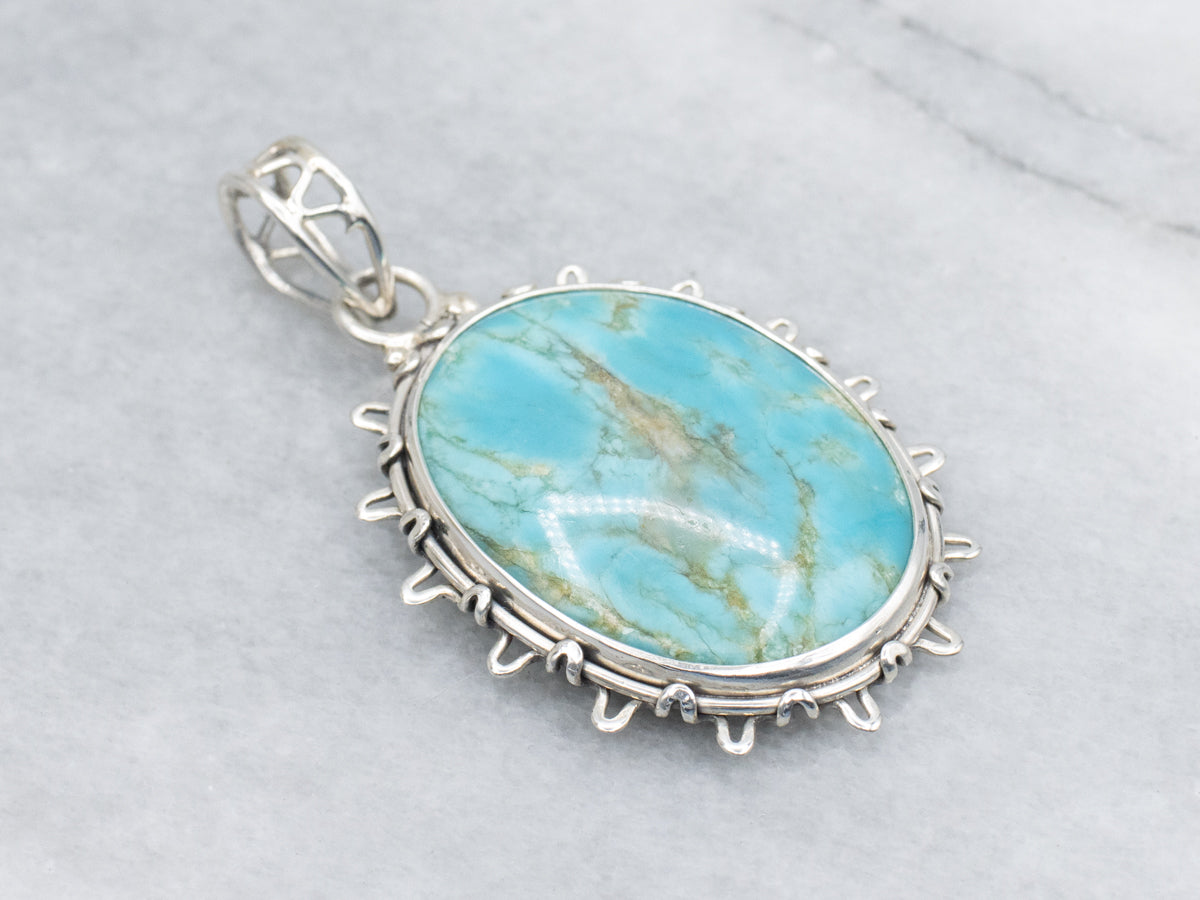 Boho Style Sterling Silver Turquoise Pendant with Decorative Bail