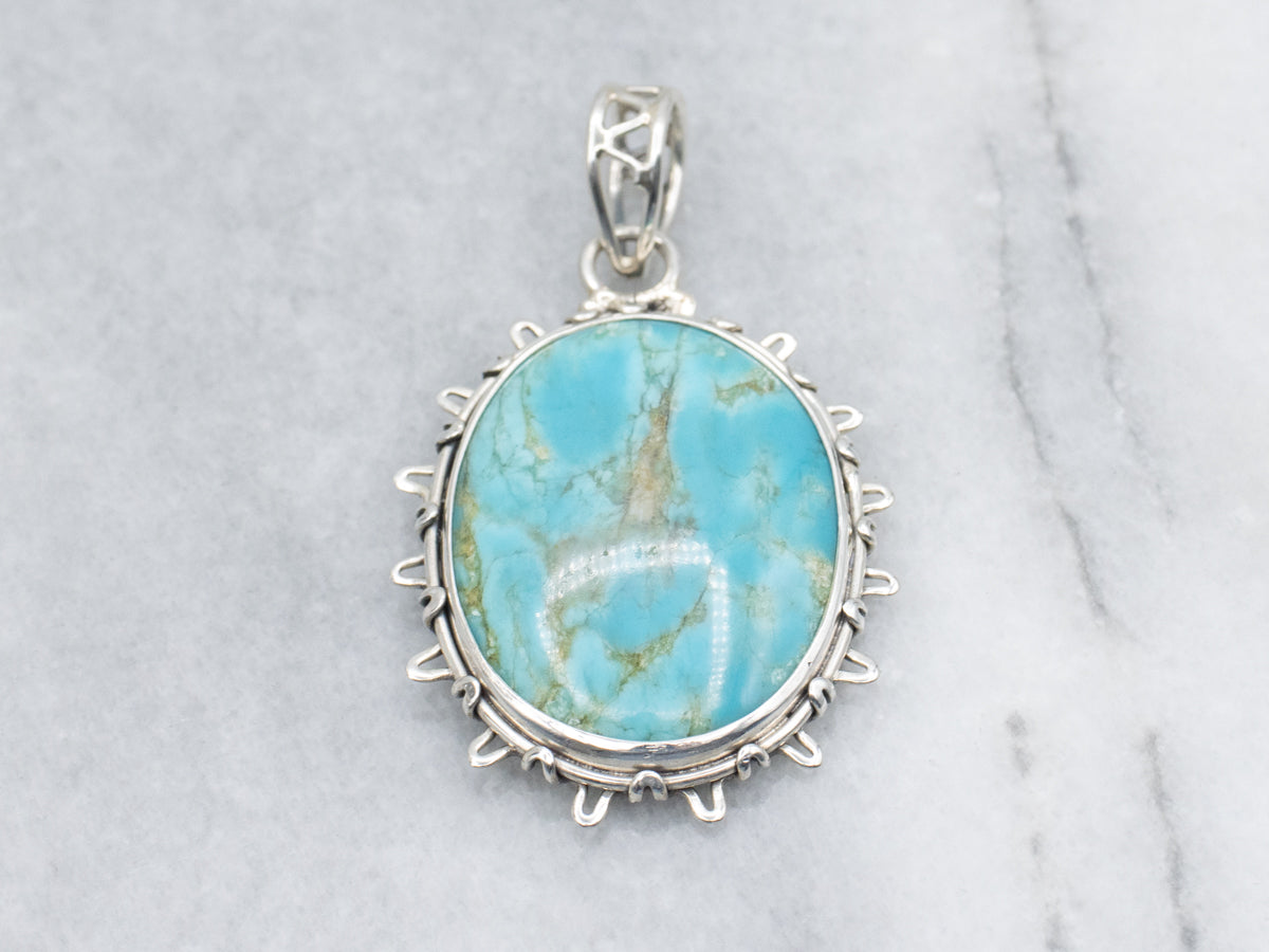 Boho Style Sterling Silver Turquoise Pendant with Decorative Bail