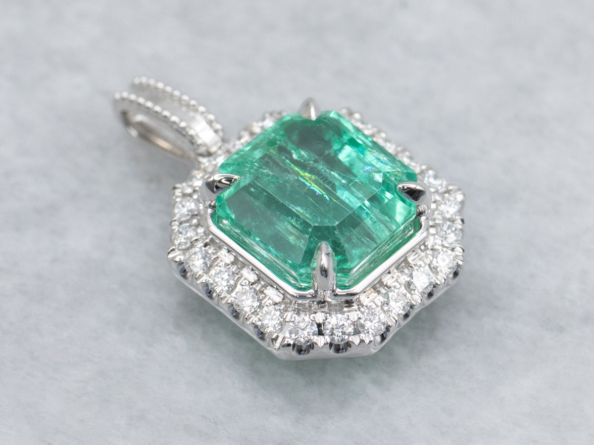 Modern Emerald and Diamond Halo White Gold Pendant