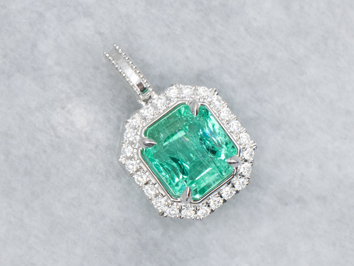 Modern Emerald and Diamond Halo White Gold Pendant