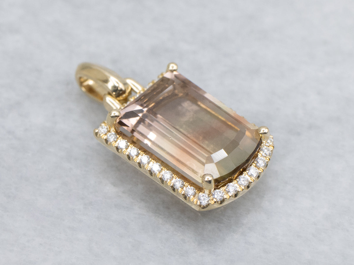 Bi-Color Pink and Green Tourmaline and Diamond Yellow Gold Pendant