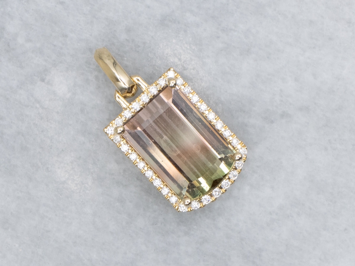 Bi-Color Pink and Green Tourmaline and Diamond Yellow Gold Pendant