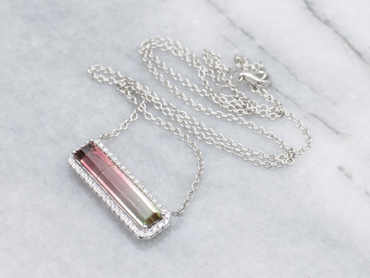 Watermelon Tourmaline with Diamond Halo White Gold Pendant Necklace