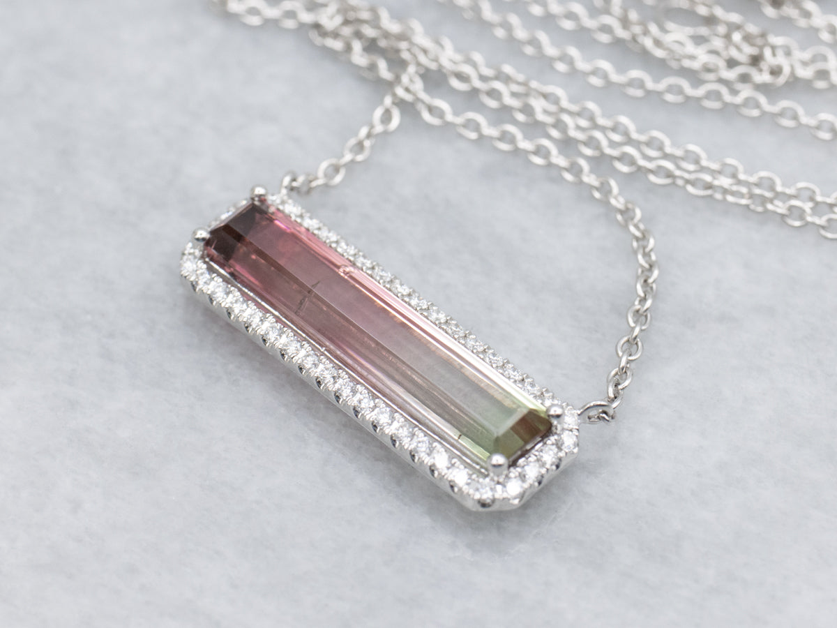 Watermelon Tourmaline with Diamond Halo White Gold Pendant Necklace