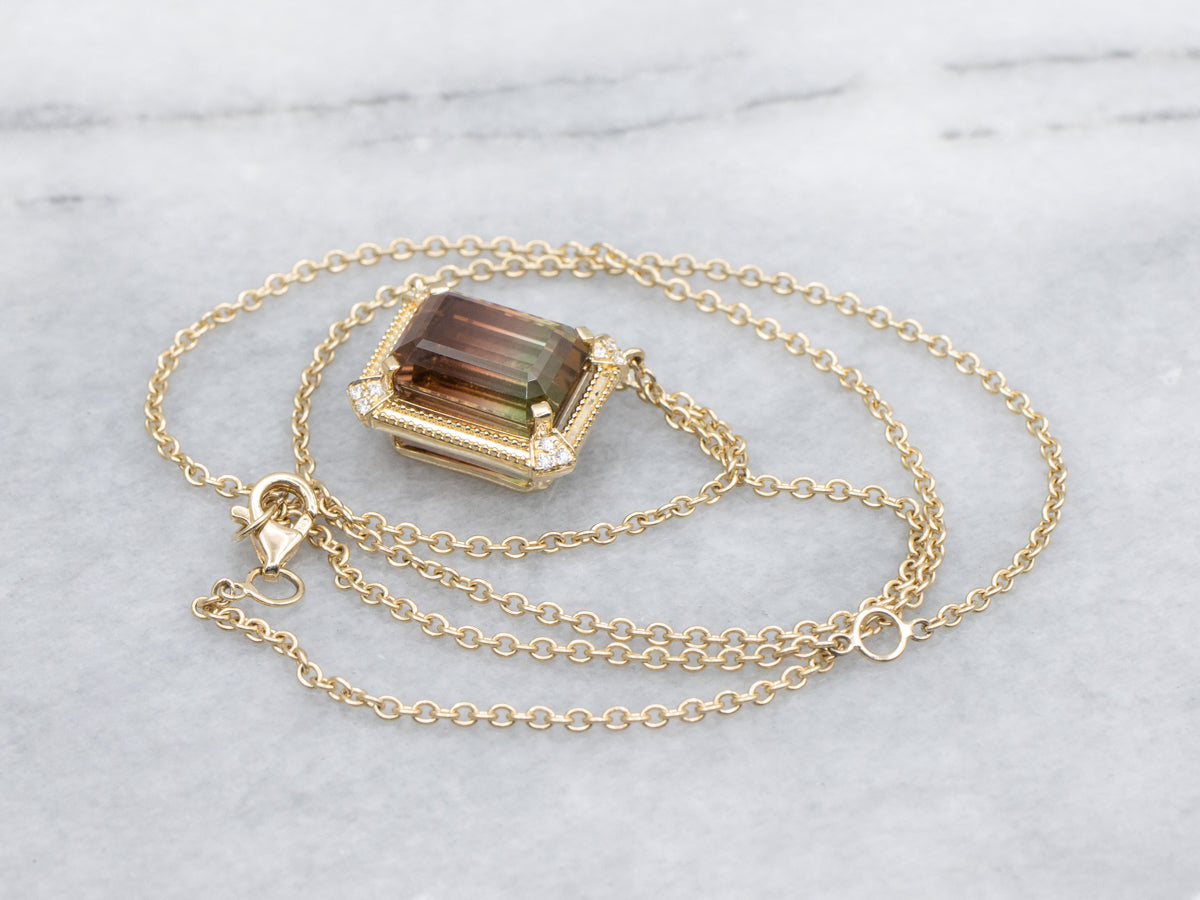 Bi-Color Tourmaline and Diamond Yellow Gold Pendant Necklace