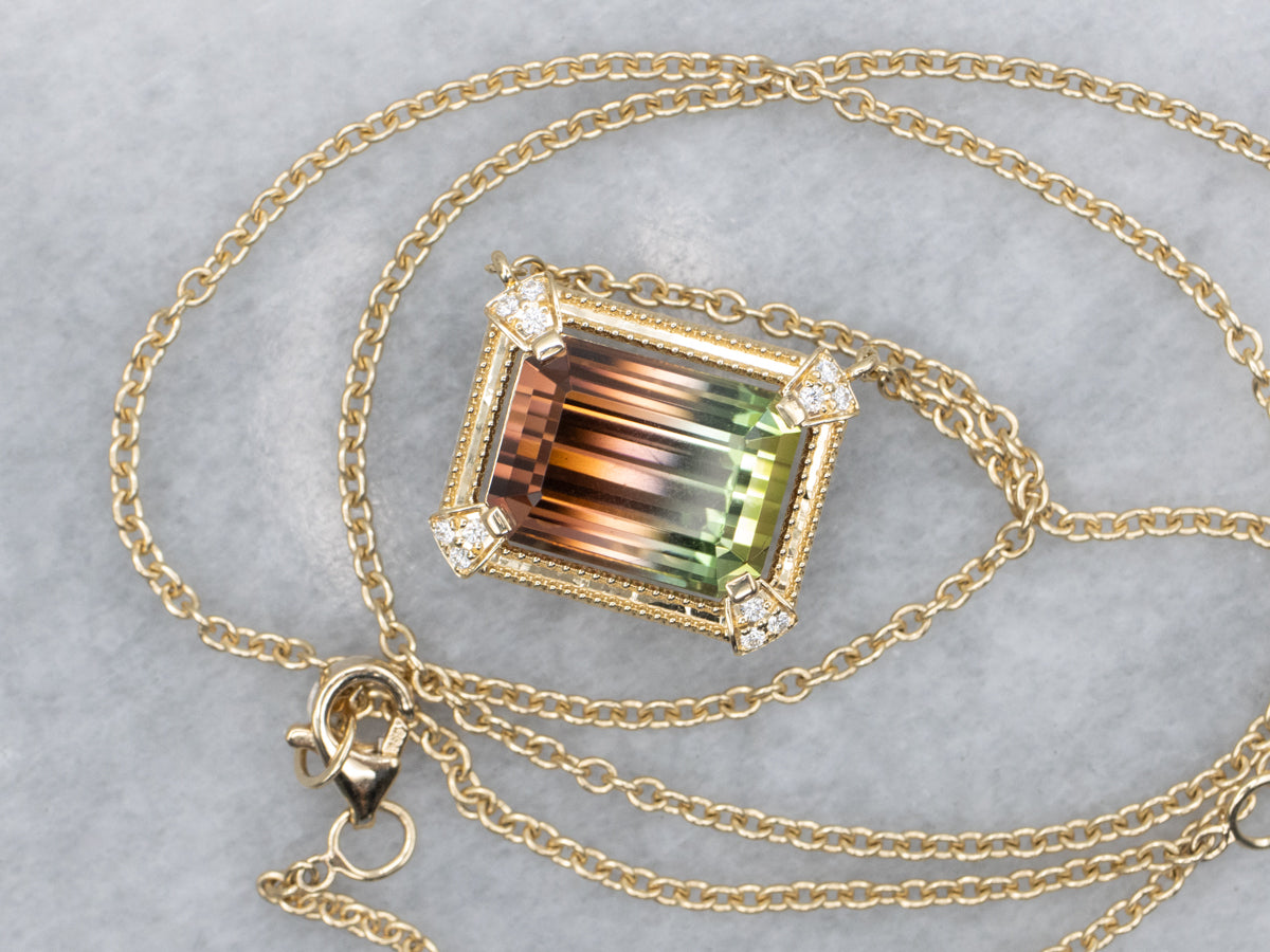 Bi-Color Tourmaline and Diamond Yellow Gold Pendant Necklace