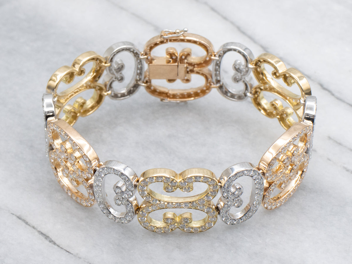 Ornate Diamond Tri-Color Scrolling Link Bracelet