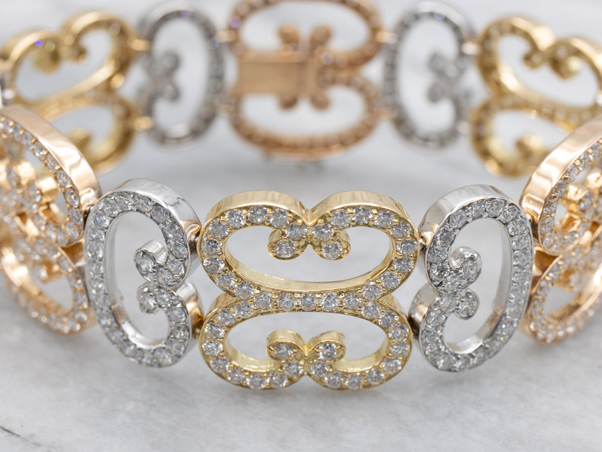 Ornate Diamond Tri-Color Scrolling Link Bracelet
