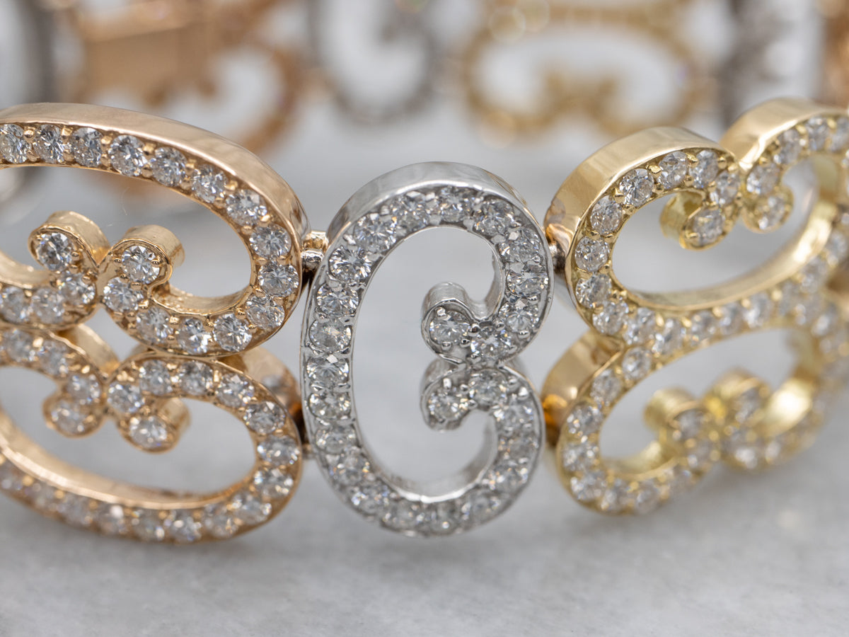Ornate Diamond Tri-Color Scrolling Link Bracelet
