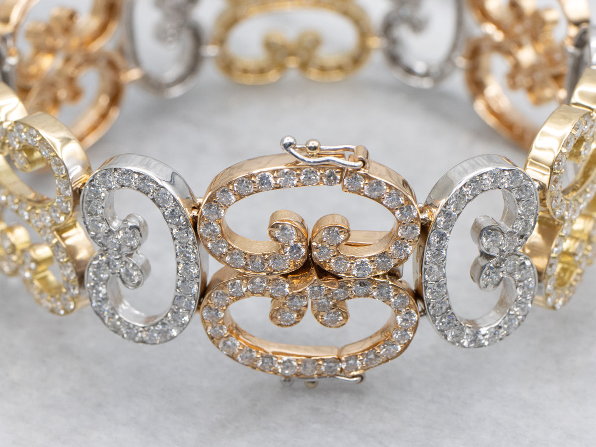 Ornate Diamond Tri-Color Scrolling Link Bracelet
