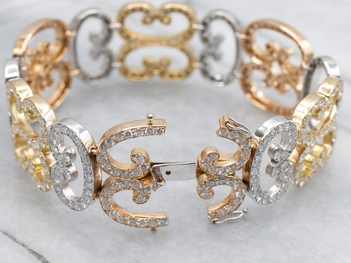 Ornate Diamond Tri-Color Scrolling Link Bracelet