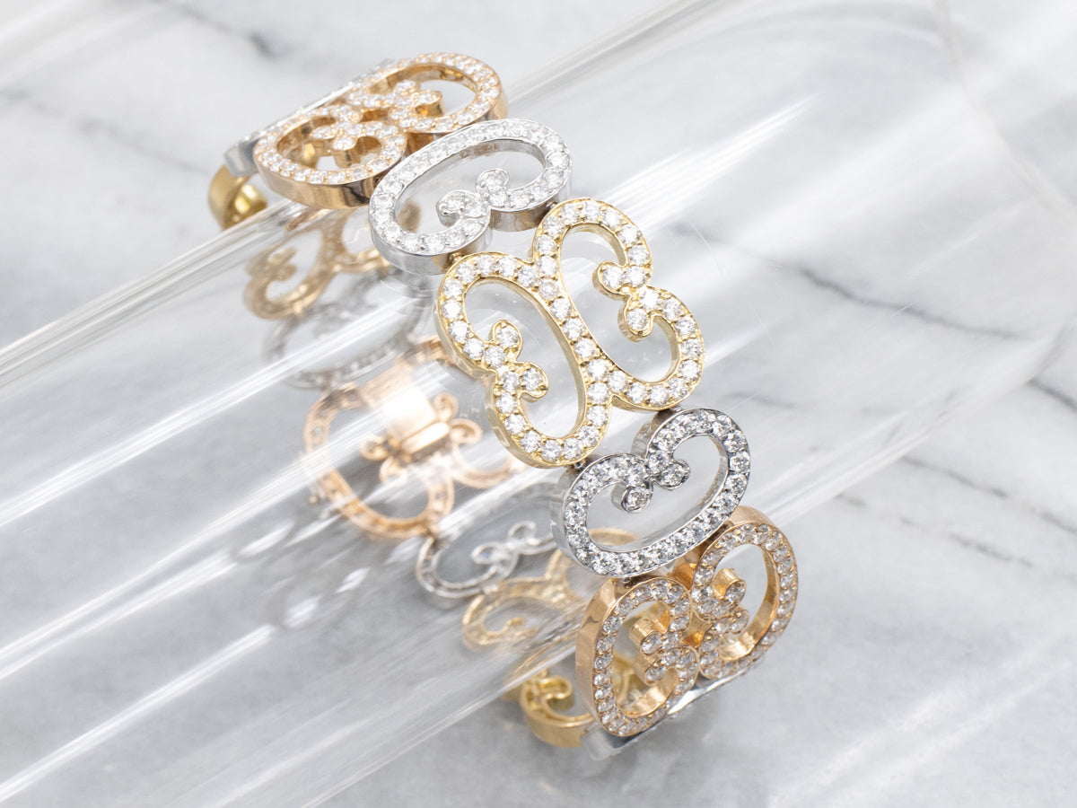 Ornate Diamond Tri-Color Scrolling Link Bracelet