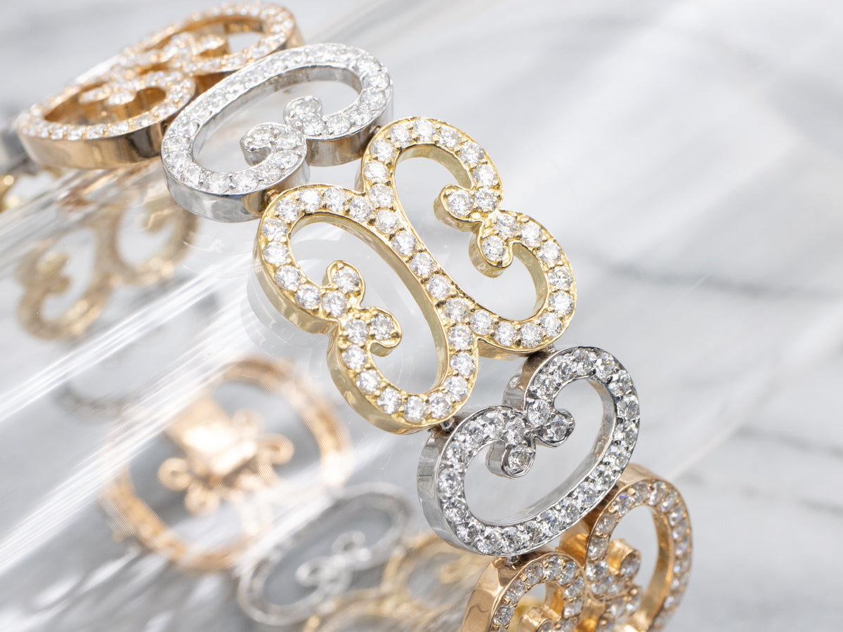 Ornate Diamond Tri-Color Scrolling Link Bracelet